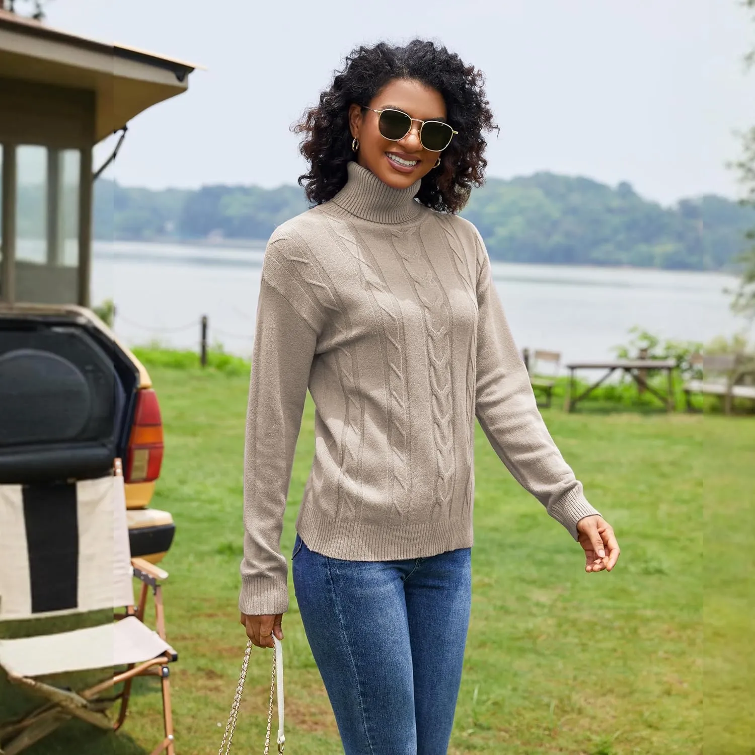 EANUER Women's Long Sleeve Turtleneck Cable Knit Pullover Lightweight Ribbed Sweaters