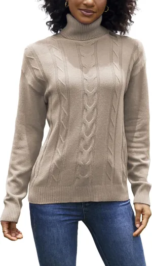 EANUER Women's Long Sleeve Turtleneck Cable Knit Pullover Lightweight Ribbed Sweaters