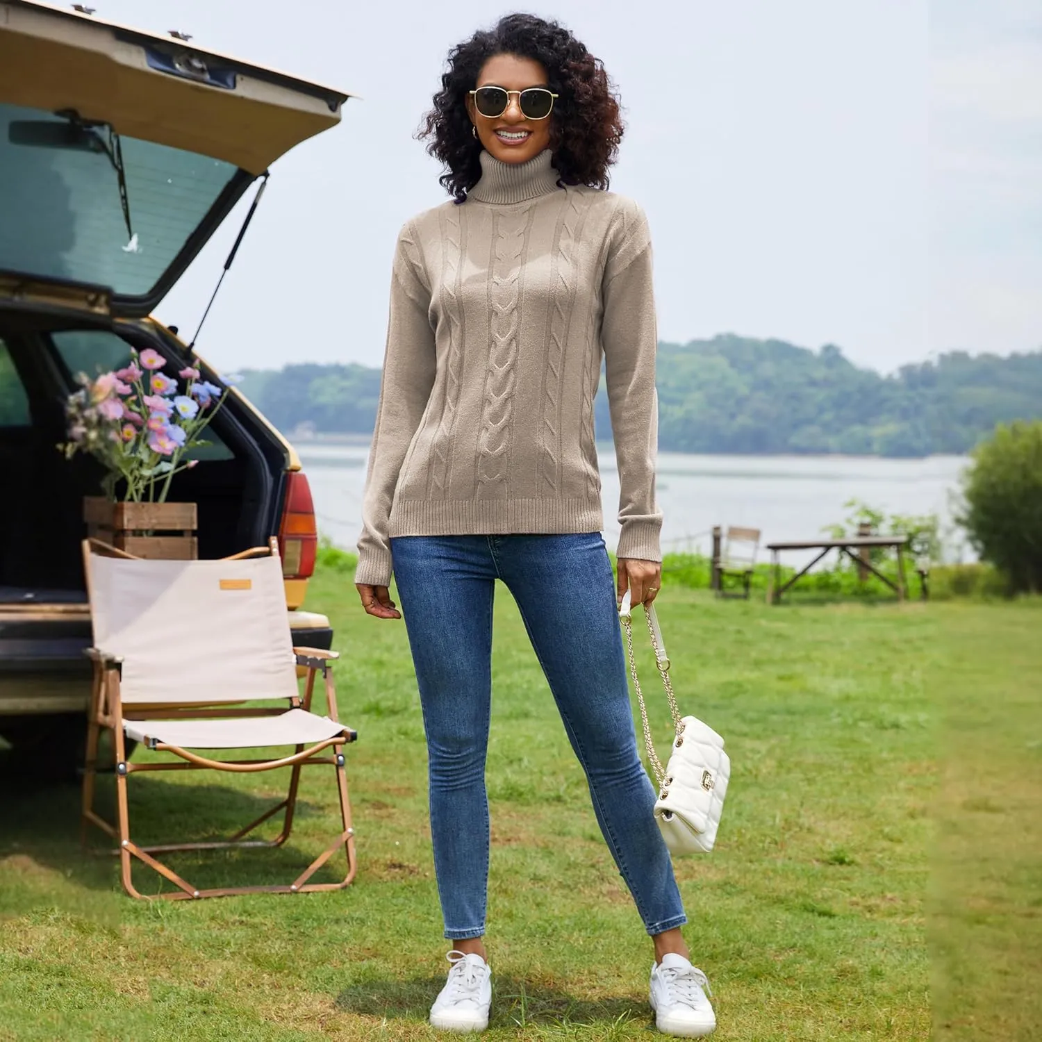 EANUER Women's Long Sleeve Turtleneck Cable Knit Pullover Lightweight Ribbed Sweaters