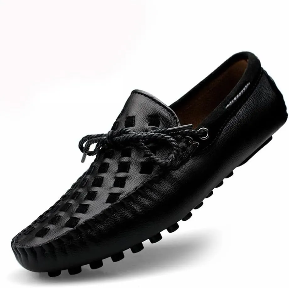 Easy to Put and Remove. Driving Moccasins Loafer Shoes for Men Woven Genuine Leather Deck Shoes Stitching Details Rubber Sole Flat Heel Anti-Slip Flexible Casual Slip on for All Occasions