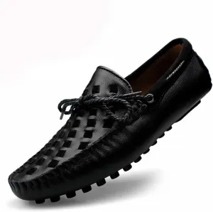 Easy to Put and Remove. Driving Moccasins Loafer Shoes for Men Woven Genuine Leather Deck Shoes Stitching Details Rubber Sole Flat Heel Anti-Slip Flexible Casual Slip on for All Occasions