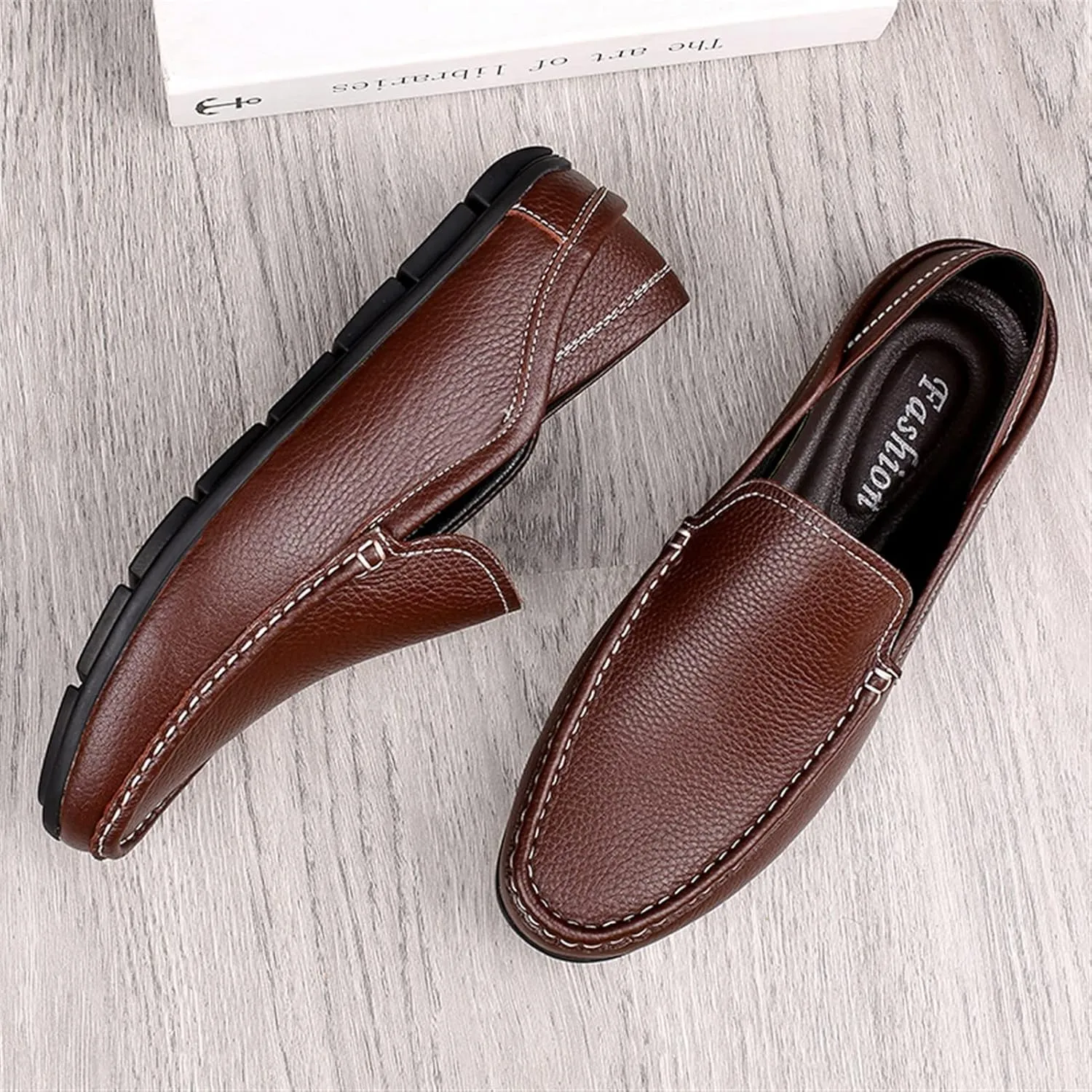 Easy to Put and Remove. Driving Moccasins Smoking Loafer for Men Genuine Leather Round Toe Stitching Details Flexible Lightweight Flat Heel Outdoor Slip on for All Occasions