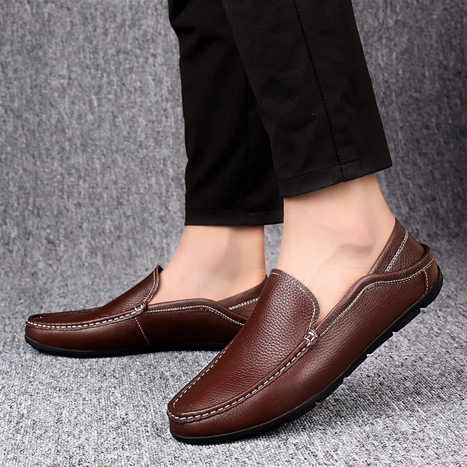 Easy to Put and Remove. Driving Moccasins Smoking Loafer for Men Genuine Leather Round Toe Stitching Details Flexible Lightweight Flat Heel Outdoor Slip on for All Occasions