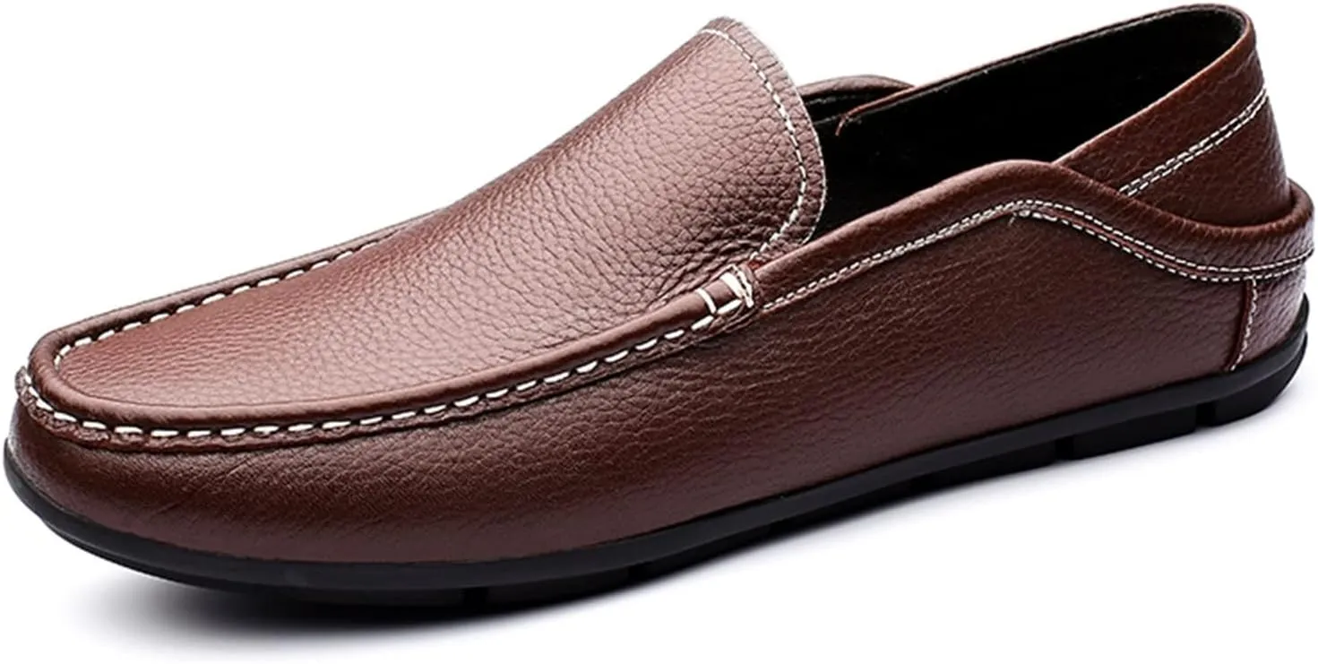 Easy to Put and Remove. Driving Moccasins Smoking Loafer for Men Genuine Leather Round Toe Stitching Details Flexible Lightweight Flat Heel Outdoor Slip on for All Occasions