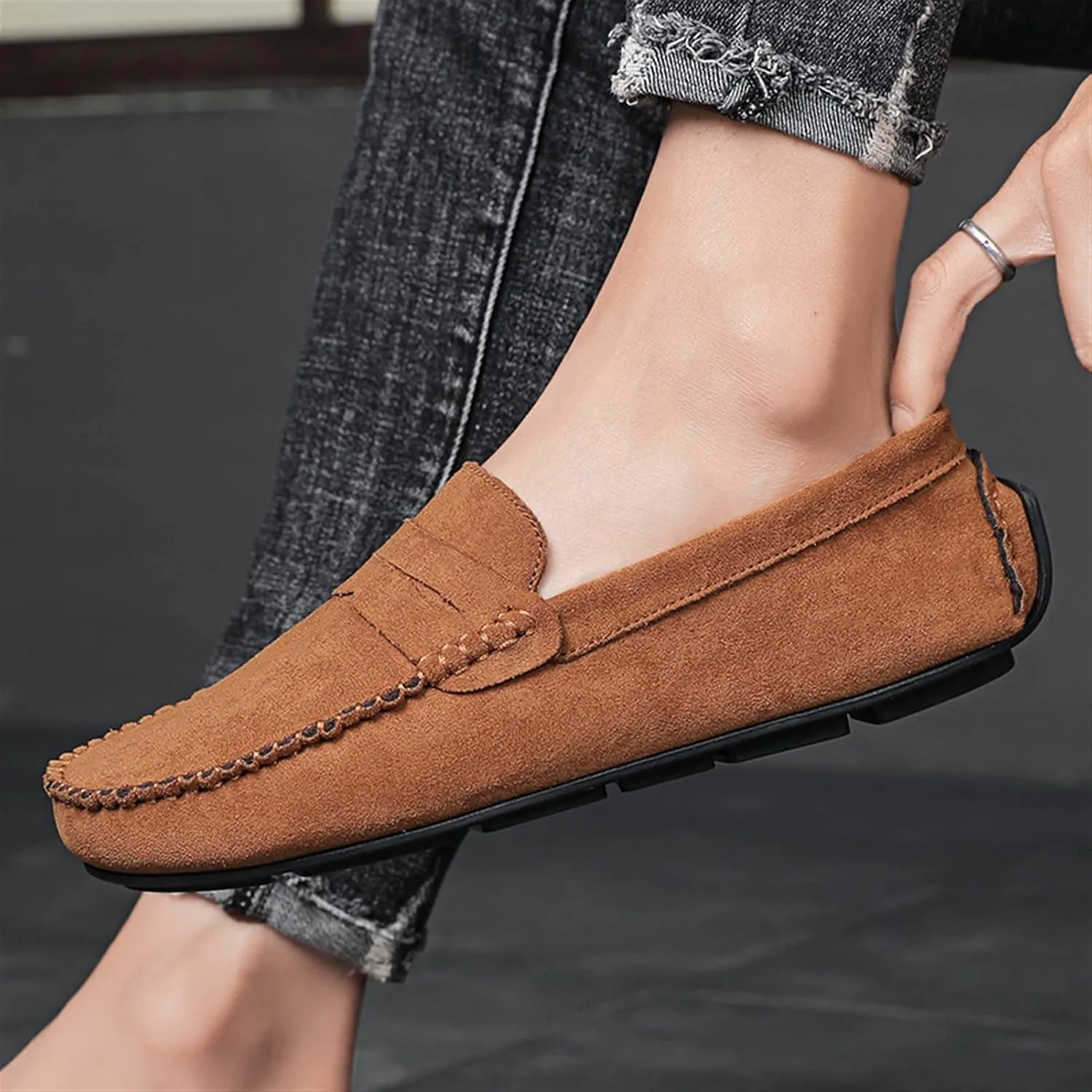 Easy to Put and Remove. Loafer Shoes Driving Moccasins for Men Genuine Leather Round Toe Suede Vamp Penny Loafer Lightweight Anti-Slip Resistant Flat Heel Flexible Outdoor for All Occasions
