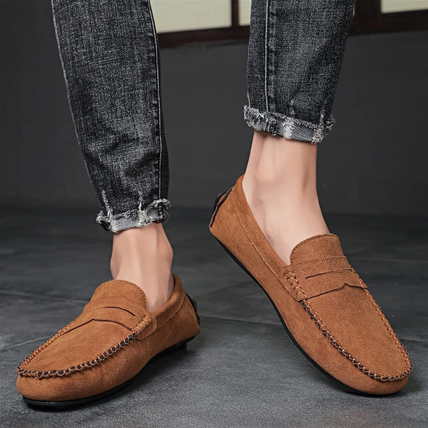 Easy to Put and Remove. Loafer Shoes Driving Moccasins for Men Genuine Leather Round Toe Suede Vamp Penny Loafer Lightweight Anti-Slip Resistant Flat Heel Flexible Outdoor for All Occasions