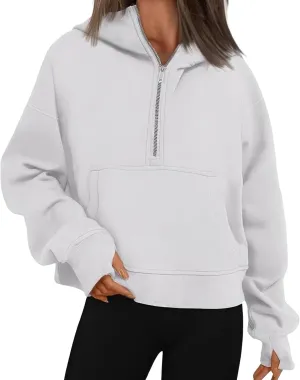 ebossy Womens Half Zip Sweatshirt Cropped Fleece Hoodies Long Sleeve Thumb Hole Oversized Pullovers with Pockets