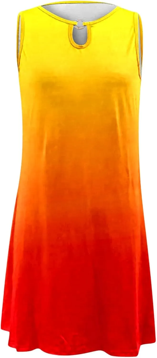 Eduavar Summer Dresses for Women 2024, Boho Dresses for Women 2024 Gradient Print Sexy Hollow Out Crew Neck Tank Dress