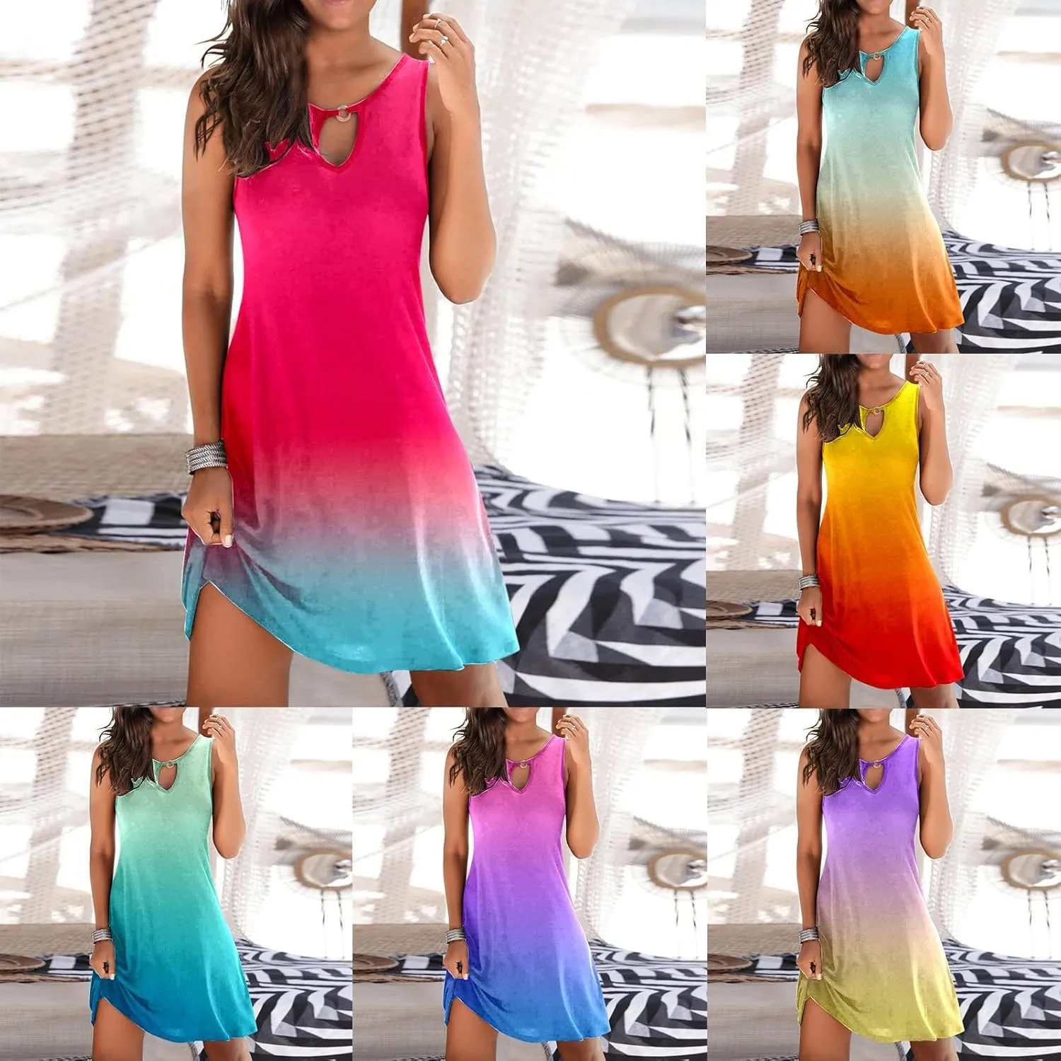 Eduavar Summer Dresses for Women 2024, Boho Dresses for Women 2024 Gradient Print Sexy Hollow Out Crew Neck Tank Dress