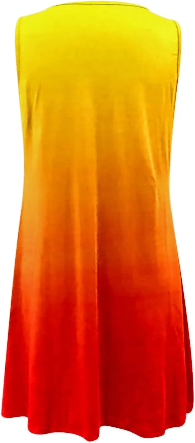 Eduavar Summer Dresses for Women 2024, Boho Dresses for Women 2024 Gradient Print Sexy Hollow Out Crew Neck Tank Dress