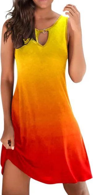 Eduavar Summer Dresses for Women 2024, Boho Dresses for Women 2024 Gradient Print Sexy Hollow Out Crew Neck Tank Dress