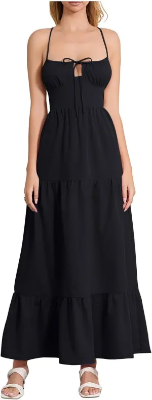 Elegant High Waist Tiered Maxi Dress Women Sleeveless Spaghetti Strap Flowy A-Line Sundress Formal Cocktail Flowy Dresses
