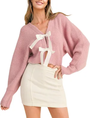 Esmeling Women’s Long Sleeve Crop Cardigan Sweaters Chic Loose V Neck Knit Sweater Outerwear with Bow Tie