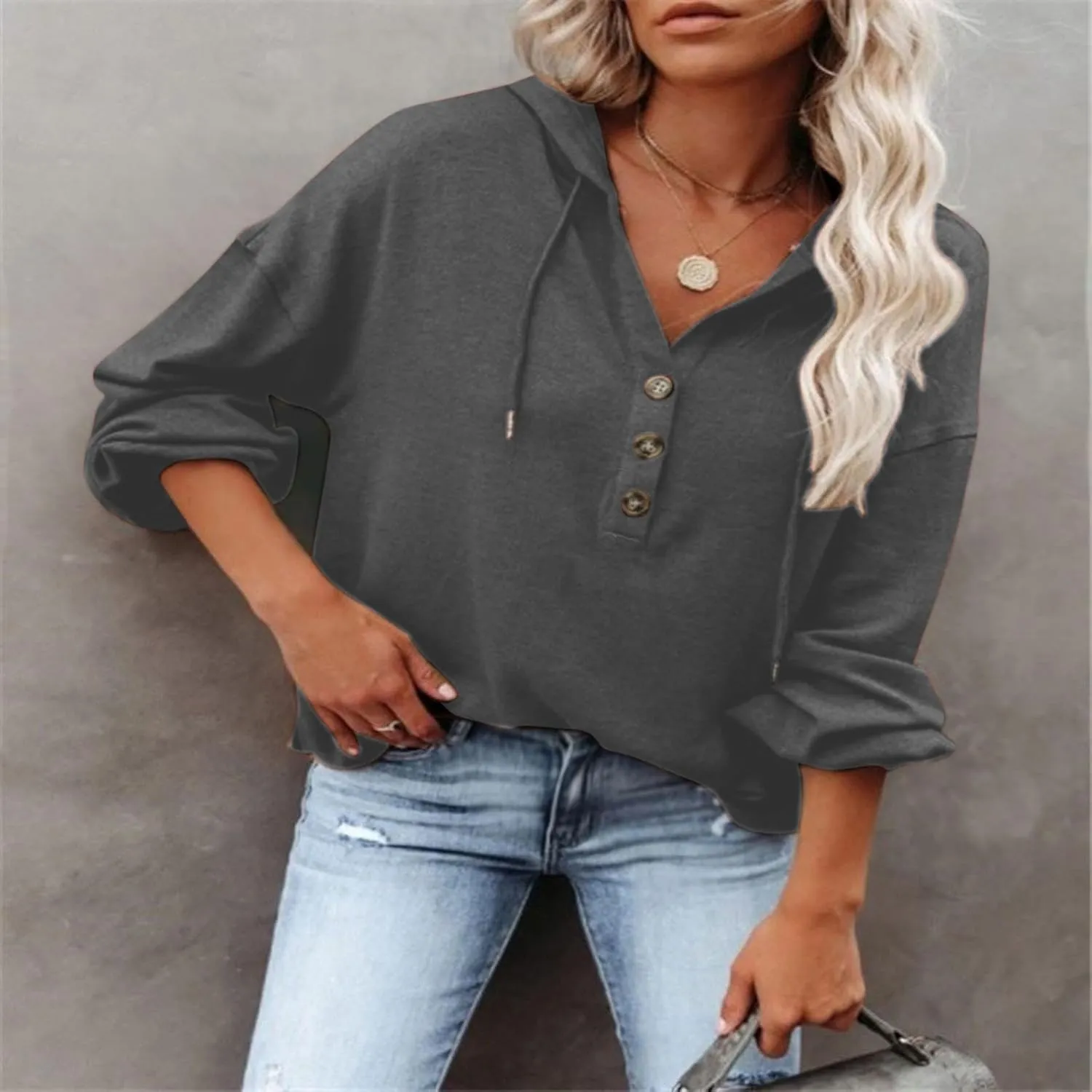 Fall Hoodies for Women Drawstring Button V Neck Long Sleeve Casual Pullover Sweatshirt Ribbed Cuff Hooded Shirts