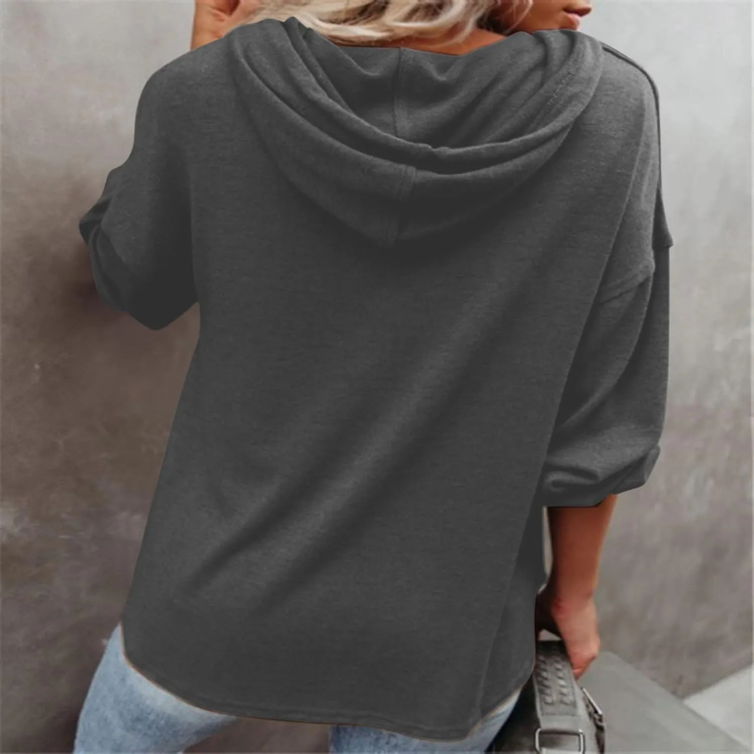 Fall Hoodies for Women Drawstring Button V Neck Long Sleeve Casual Pullover Sweatshirt Ribbed Cuff Hooded Shirts