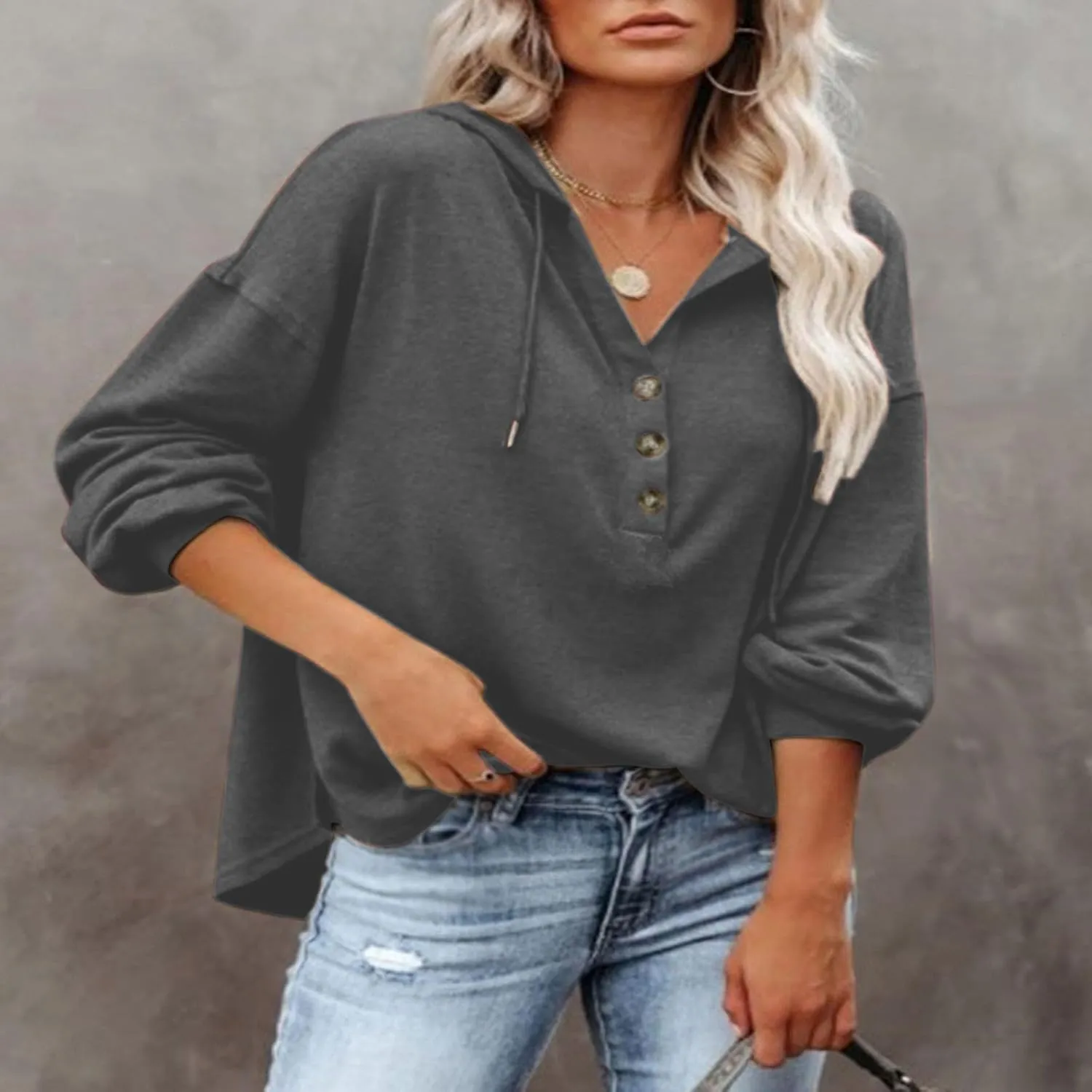 Fall Hoodies for Women Drawstring Button V Neck Long Sleeve Casual Pullover Sweatshirt Ribbed Cuff Hooded Shirts