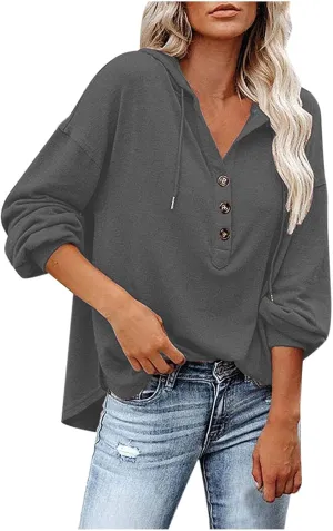 Fall Hoodies for Women Drawstring Button V Neck Long Sleeve Casual Pullover Sweatshirt Ribbed Cuff Hooded Shirts