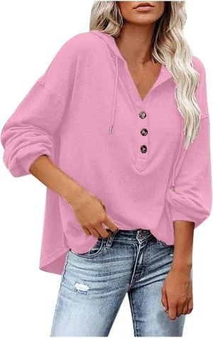 Fall Hoodies for Women Drawstring Button V Neck Long Sleeve Casual Pullover Sweatshirt Ribbed Cuff Hooded Shirts