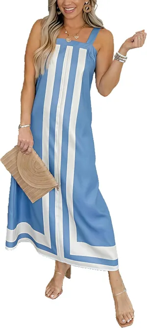Fiona Jolin Womens Summer Maxi Dress Boho Striped Shoulder Strap Long Sundress Beach Cover Up Dress