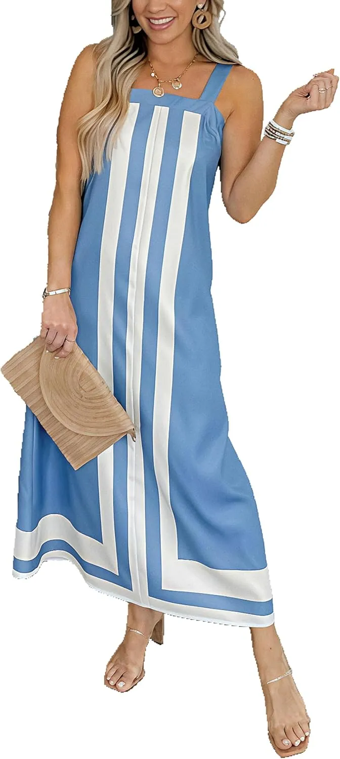 Fiona Jolin Womens Summer Maxi Dress Boho Striped Shoulder Strap Long Sundress Beach Cover Up Dress