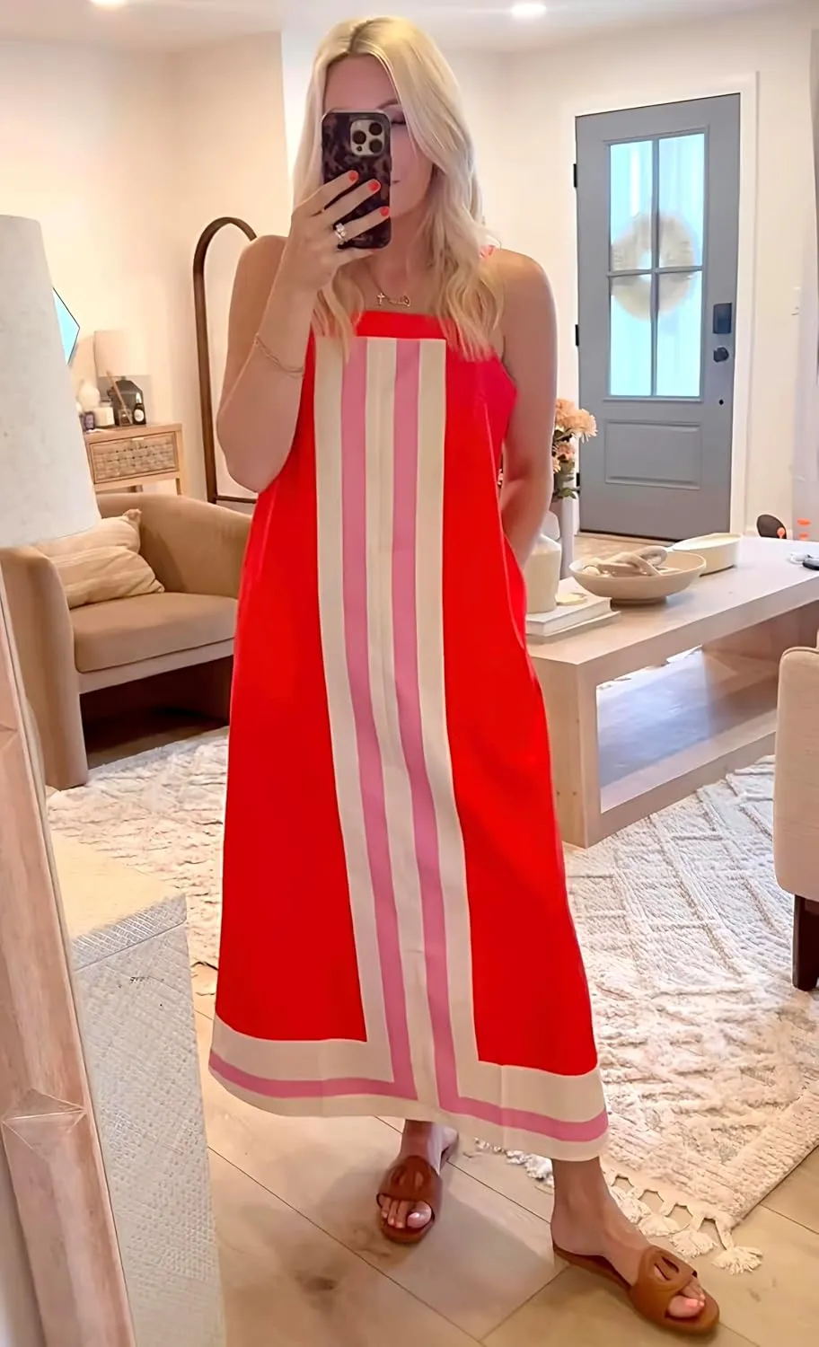 Fiona Jolin Womens Summer Maxi Dress Boho Striped Shoulder Strap Long Sundress Beach Cover Up Dress