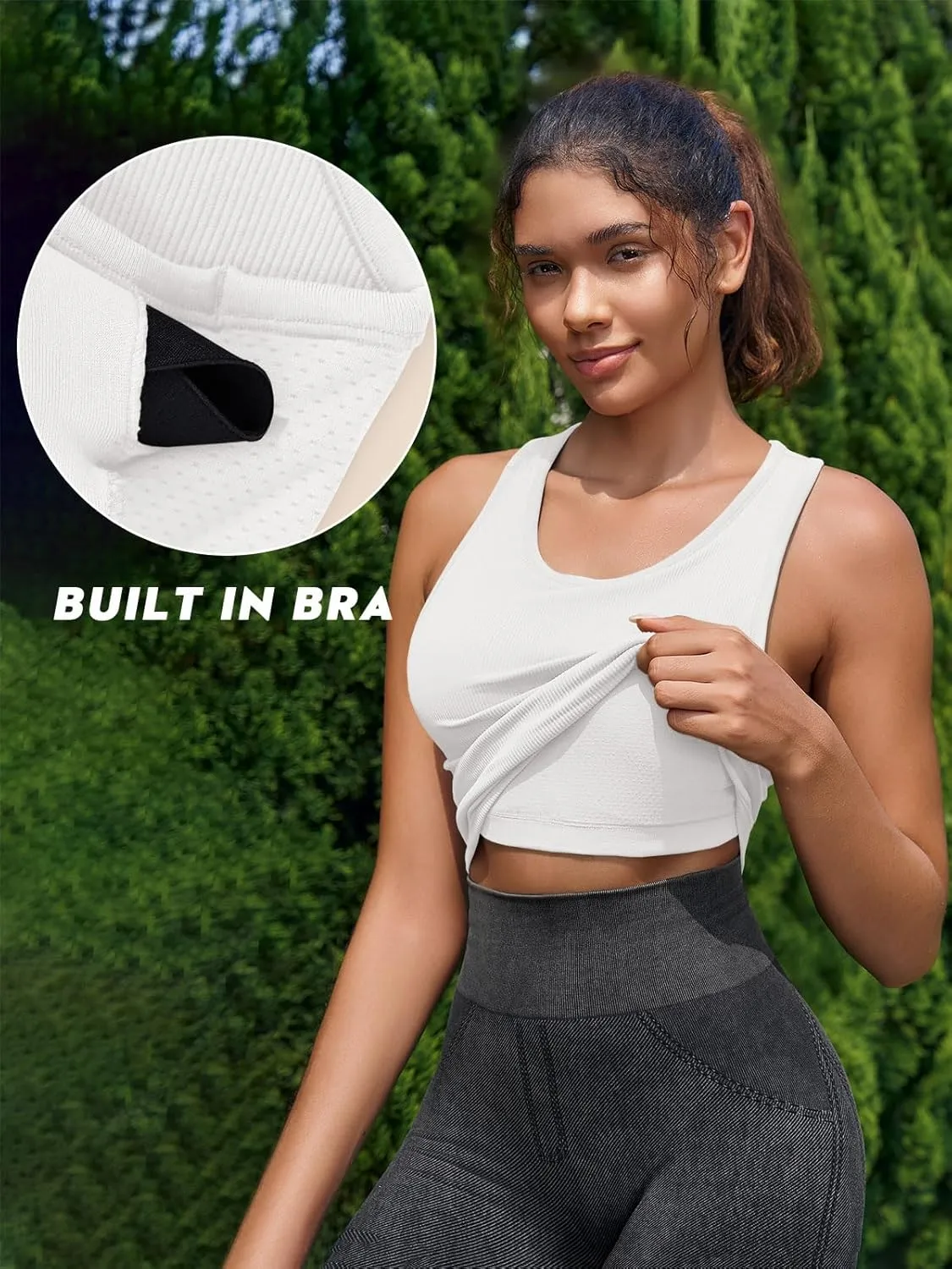 Fisoew Womens Workout Racerback Tank Tops Sleeveless Crewneck Ribbed Crop Tops with Built in Bra Yoga Shirts