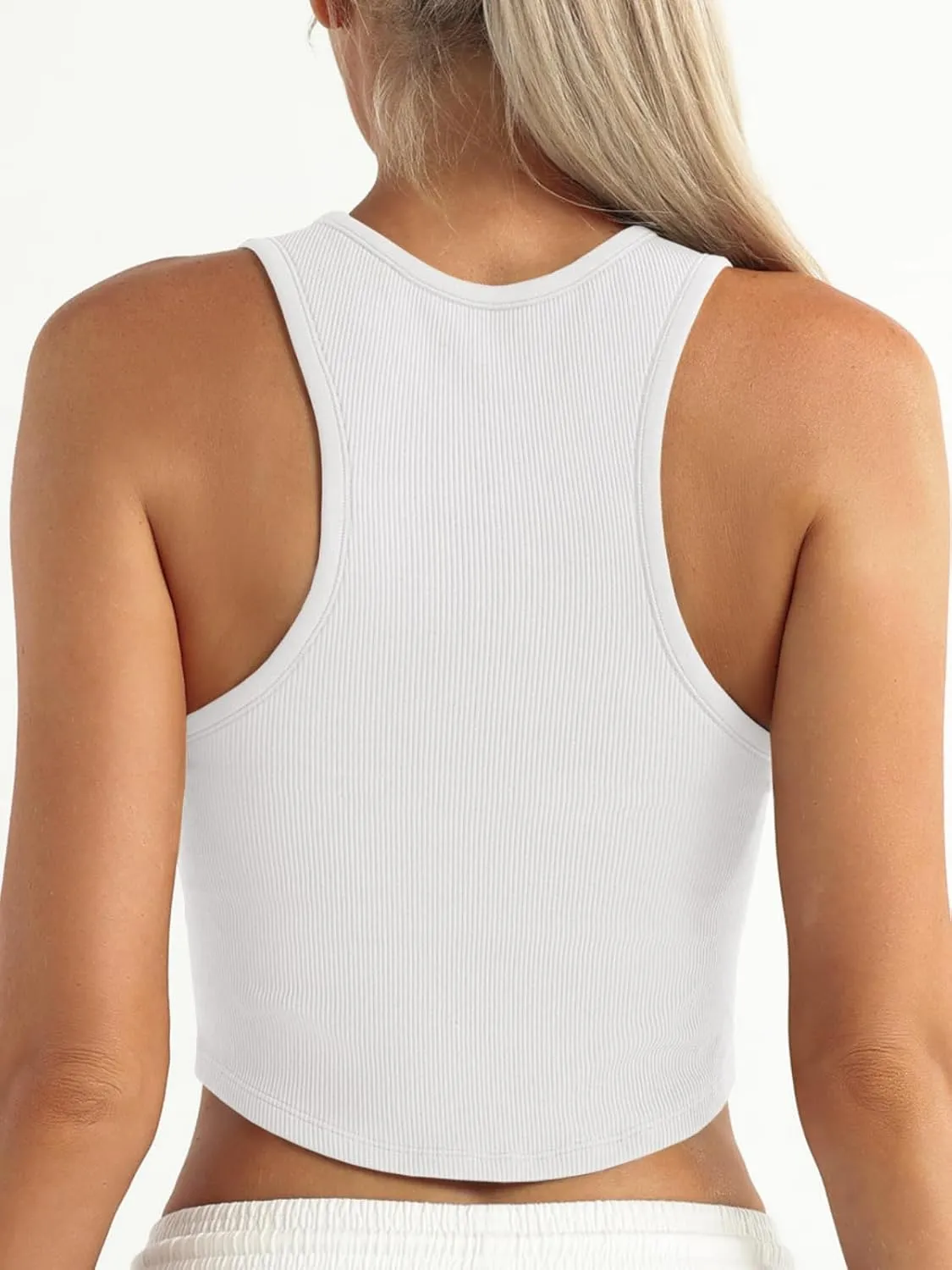 Fisoew Womens Workout Racerback Tank Tops Sleeveless Crewneck Ribbed Crop Tops with Built in Bra Yoga Shirts