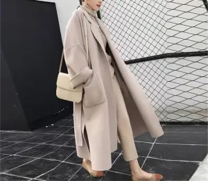 Fjnbbiot Elegant Woolen Coat Women Cardigan Thicken Autumn Winter Blend Coats Belt Long Overcoats