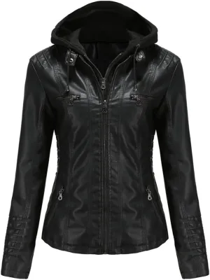 Fjnbbiot Faux Leather Jacket Women Spring Autumn Hooded Moto Biker Zipper Jacket Outerwears
