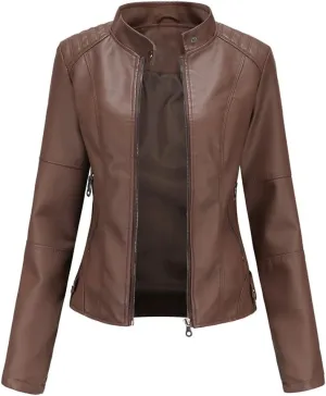 Fjnbbiot Leather Jacket Women Autumn Spring Moto Biker Zipper Jacket