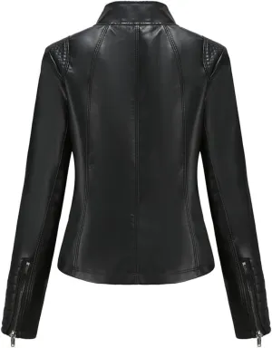 Fjnbbiot Women Moto Biker Zipper Jacket Autumn Spring Motorcycle Faux Leather Jacket