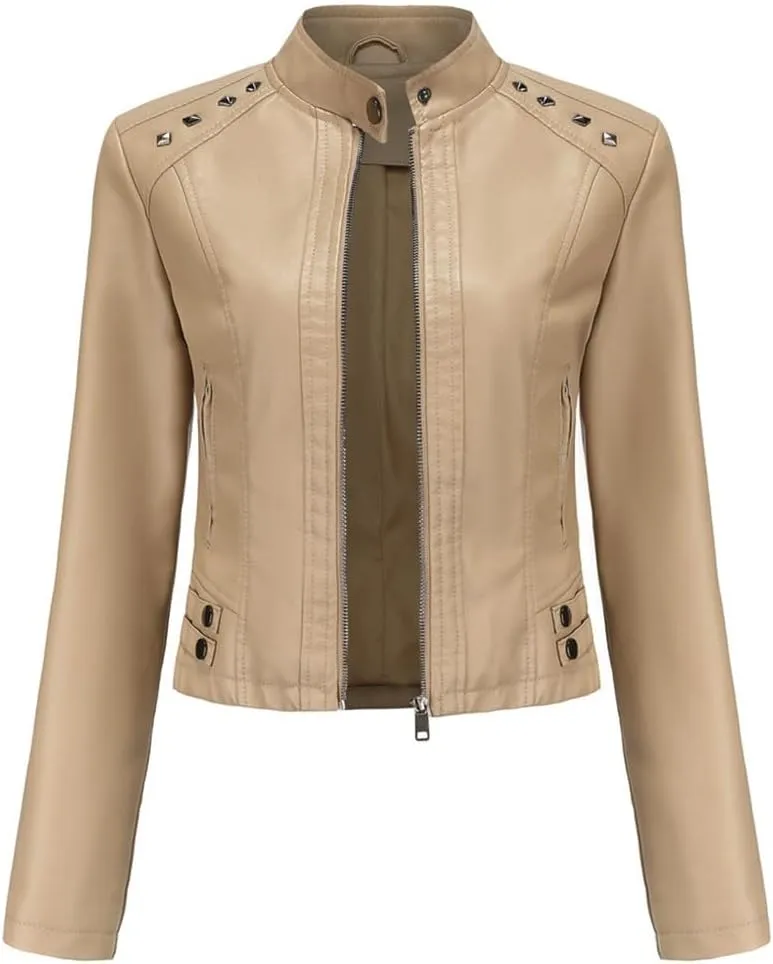Fjnbbiot Women Moto Biker Zipper Jacket Motorcycle Faux Leather Jacket Spring Autumn Coat