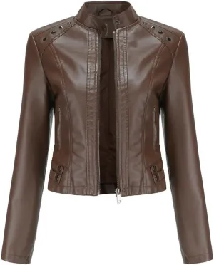 Fjnbbiot Women Moto Biker Zipper Jacket Motorcycle Faux Leather Jacket Spring Autumn Coat