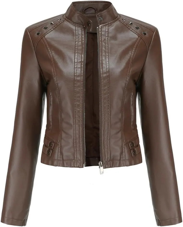 Fjnbbiot Women Moto Biker Zipper Jacket Motorcycle Faux Leather Jacket Spring Autumn Coat
