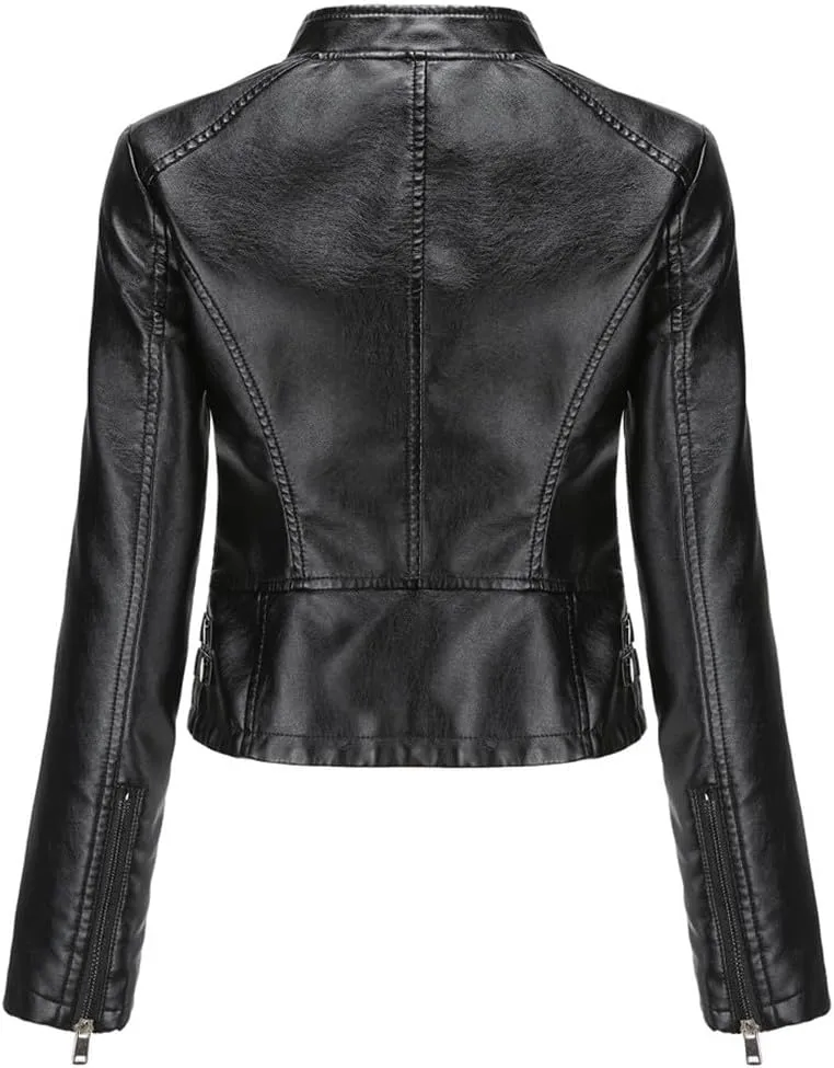 Fjnbbiot Women Moto Biker Zipper Jacket Motorcycle Faux Leather Jacket Spring Autumn Coat