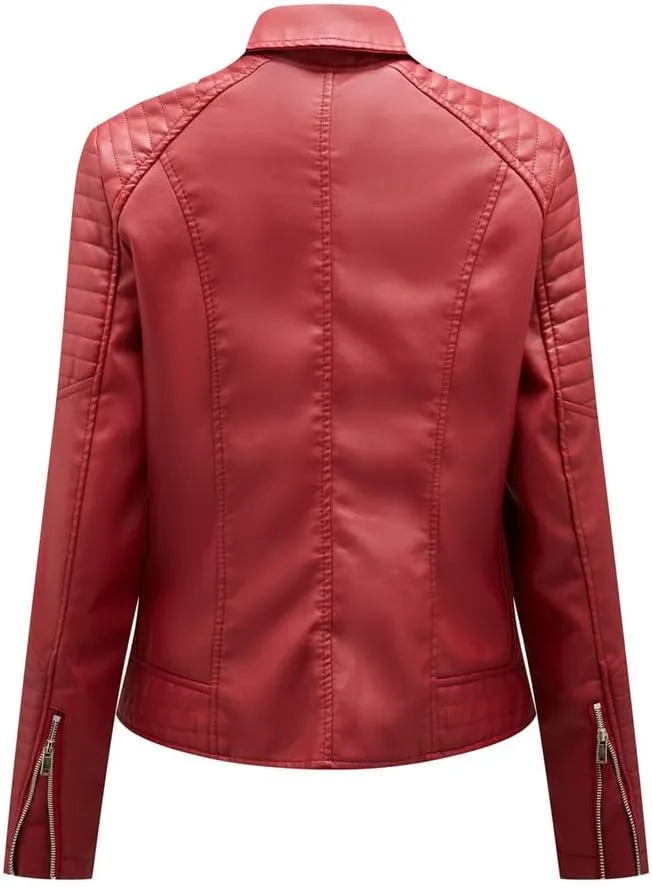 Fjnbbiot Women's Moto Biker Zipper Jacket Fashion Faux Leather Jacket Spring Autumn Coat