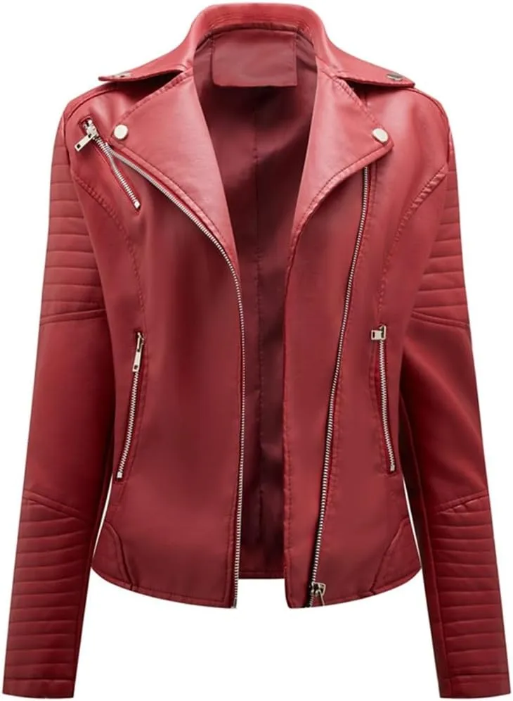 Fjnbbiot Women's Moto Biker Zipper Jacket Fashion Faux Leather Jacket Spring Autumn Coat