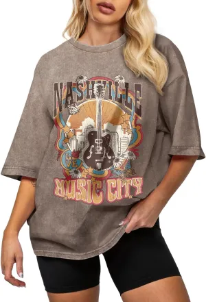 Flafens Oversized Acid Wash Vintage T Shirts for Women - Graphic Tees Womens Retro Cotton Cute Cool Loose Tshirts Teens Girls