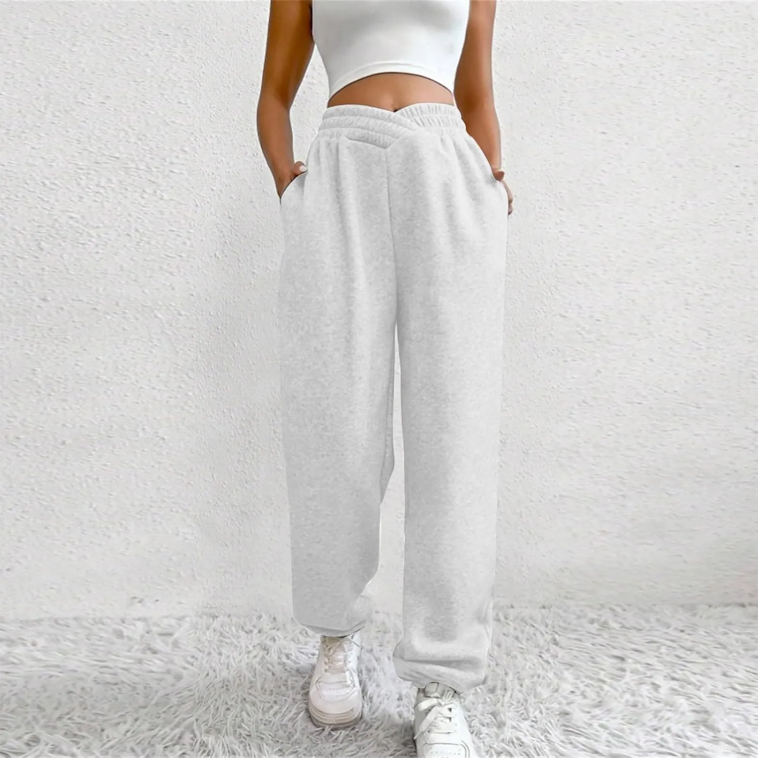 Fleece Joggers for Women Y2k Baggy Cute Sweatpants Casual Crossover High Waisted Athletic Jogger Pants with Pockets
