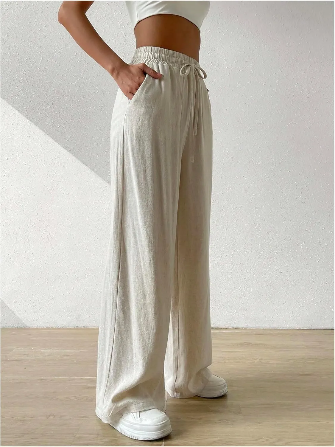 Floerns Women's Drawstring High Waisted Pants Wide Leg Casual Trousers with Pocket