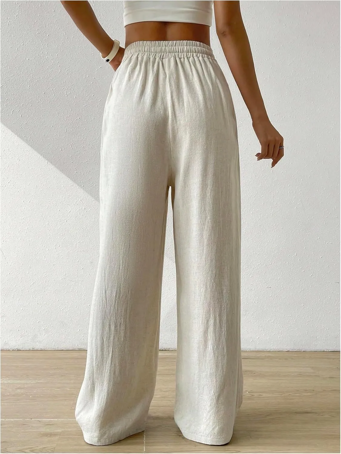 Floerns Women's Drawstring High Waisted Pants Wide Leg Casual Trousers with Pocket
