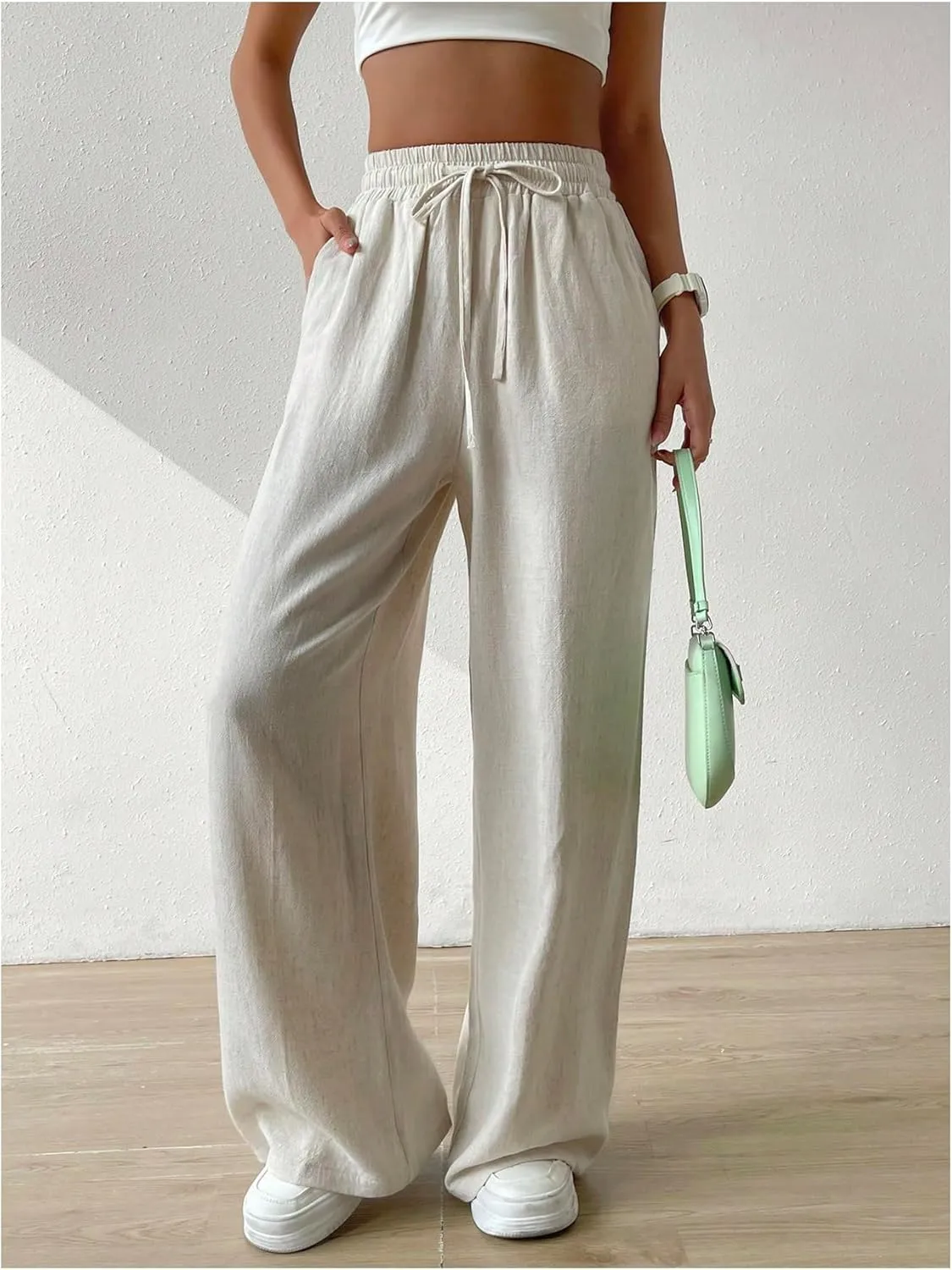 Floerns Women's Drawstring High Waisted Pants Wide Leg Casual Trousers with Pocket