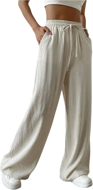 Floerns Women's Drawstring High Waisted Pants Wide Leg Casual Trousers with Pocket