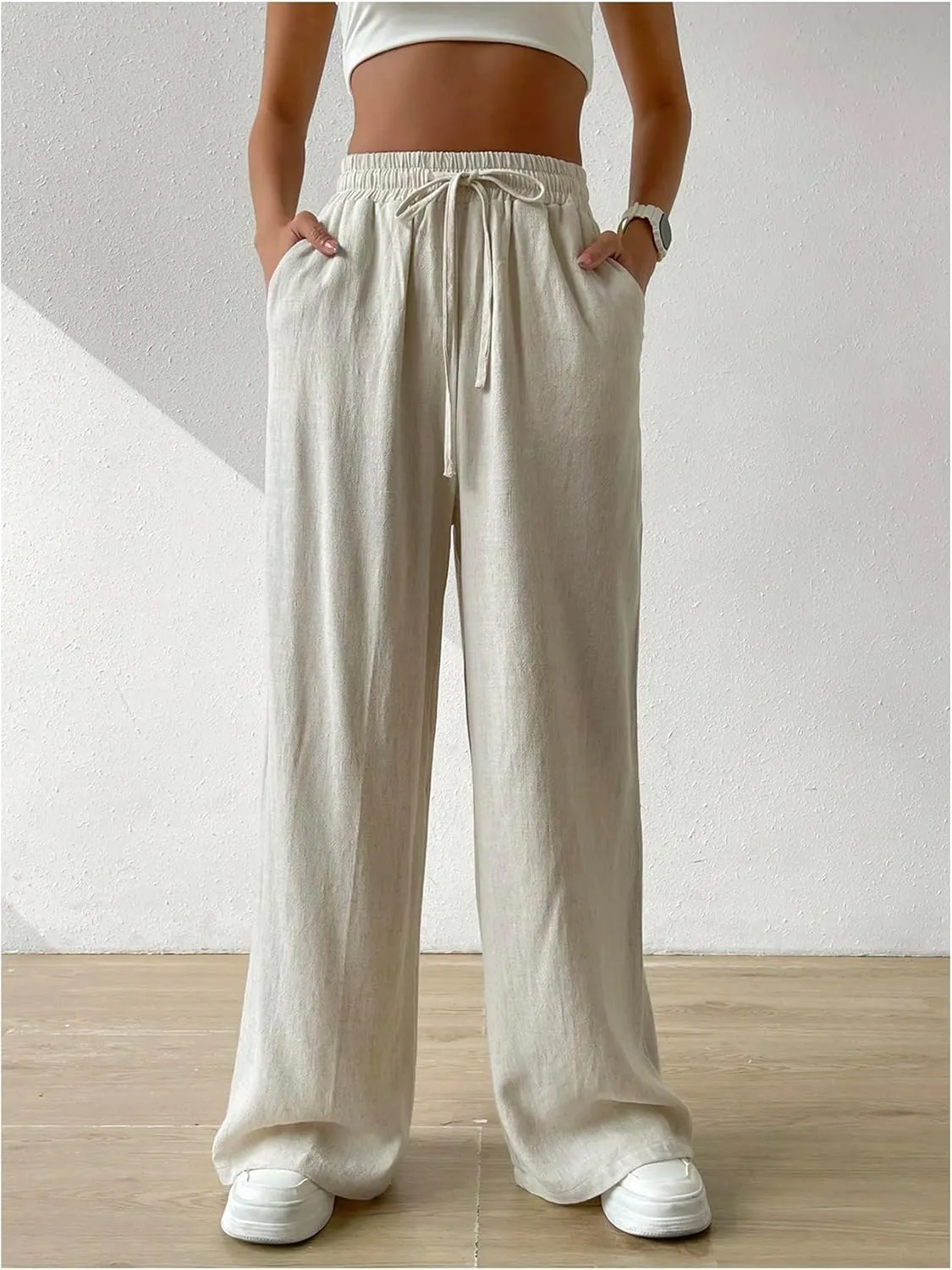 Floerns Women's Drawstring High Waisted Pants Wide Leg Casual Trousers with Pocket