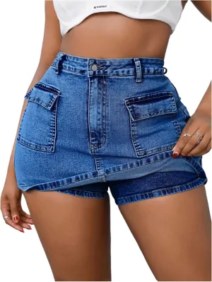 Floerns Women's Plus Size High Waisted Mini Jean Skort Stretchy Denim Skirt Shorts