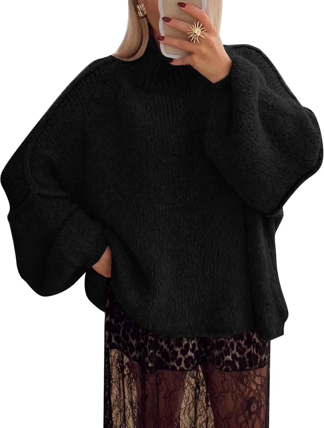 Flygo Womens Oversized Sweater Long Sleeve Mock Neck Tunic Sweater Casual Knit Pullover Sweater Tops
