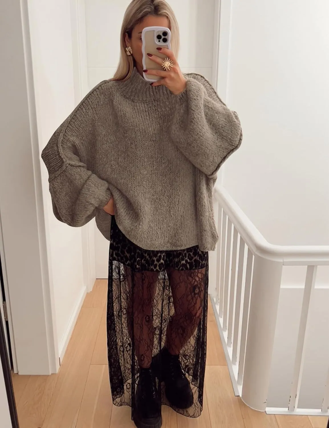 Flygo Womens Oversized Sweater Long Sleeve Mock Neck Tunic Sweater Casual Knit Pullover Sweater Tops
