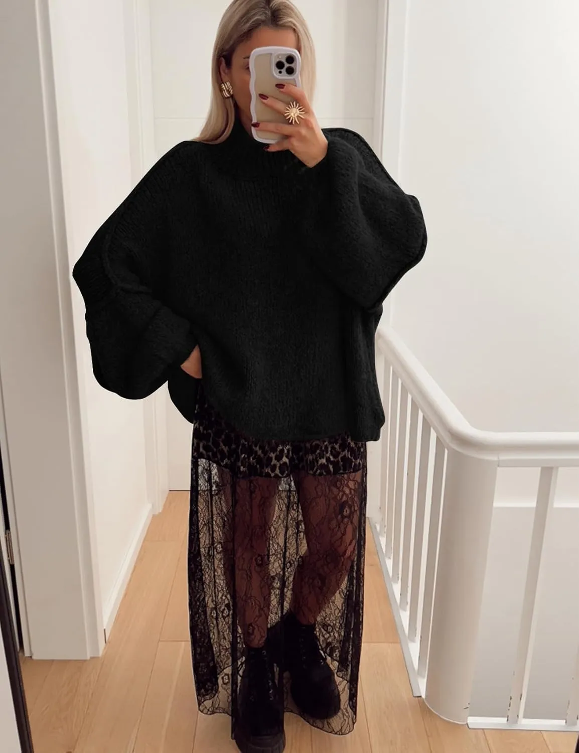 Flygo Womens Oversized Sweater Long Sleeve Mock Neck Tunic Sweater Casual Knit Pullover Sweater Tops
