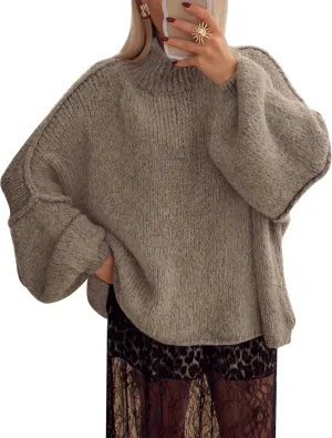 Flygo Womens Oversized Sweater Long Sleeve Mock Neck Tunic Sweater Casual Knit Pullover Sweater Tops