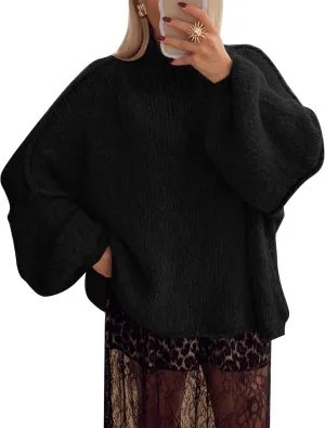 Flygo Womens Oversized Sweater Long Sleeve Mock Neck Tunic Sweater Casual Knit Pullover Sweater Tops